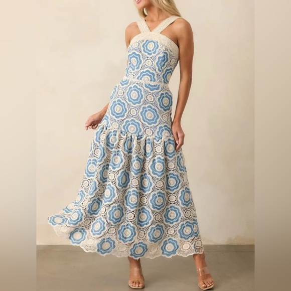 Lace Sleeveless Tiered Midi Dress
 Blue and Cream Floral Maxi Dress - Picture 1 of 6